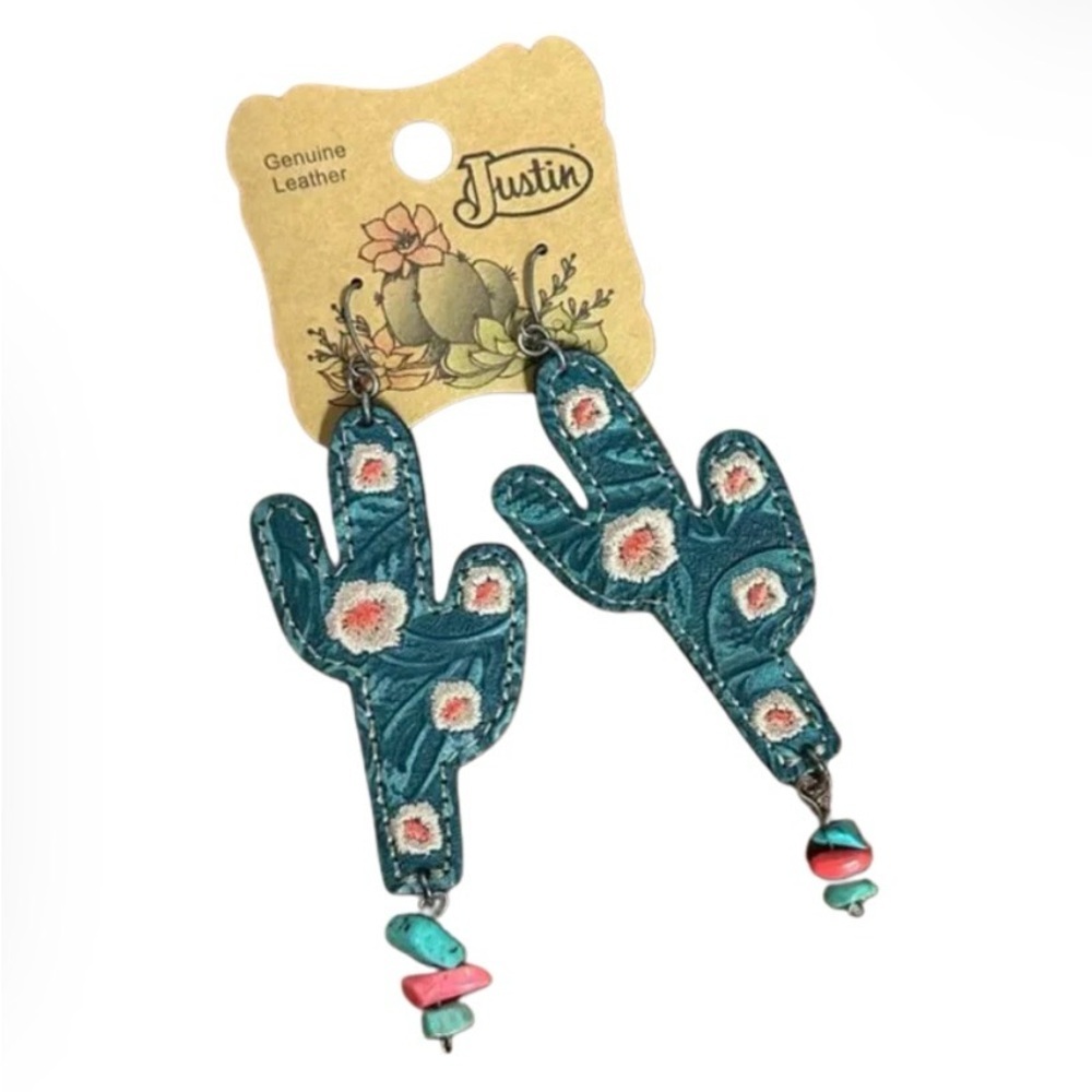 Justin Boots Beaded Turquoise Cactus Earrings with Floral Accents